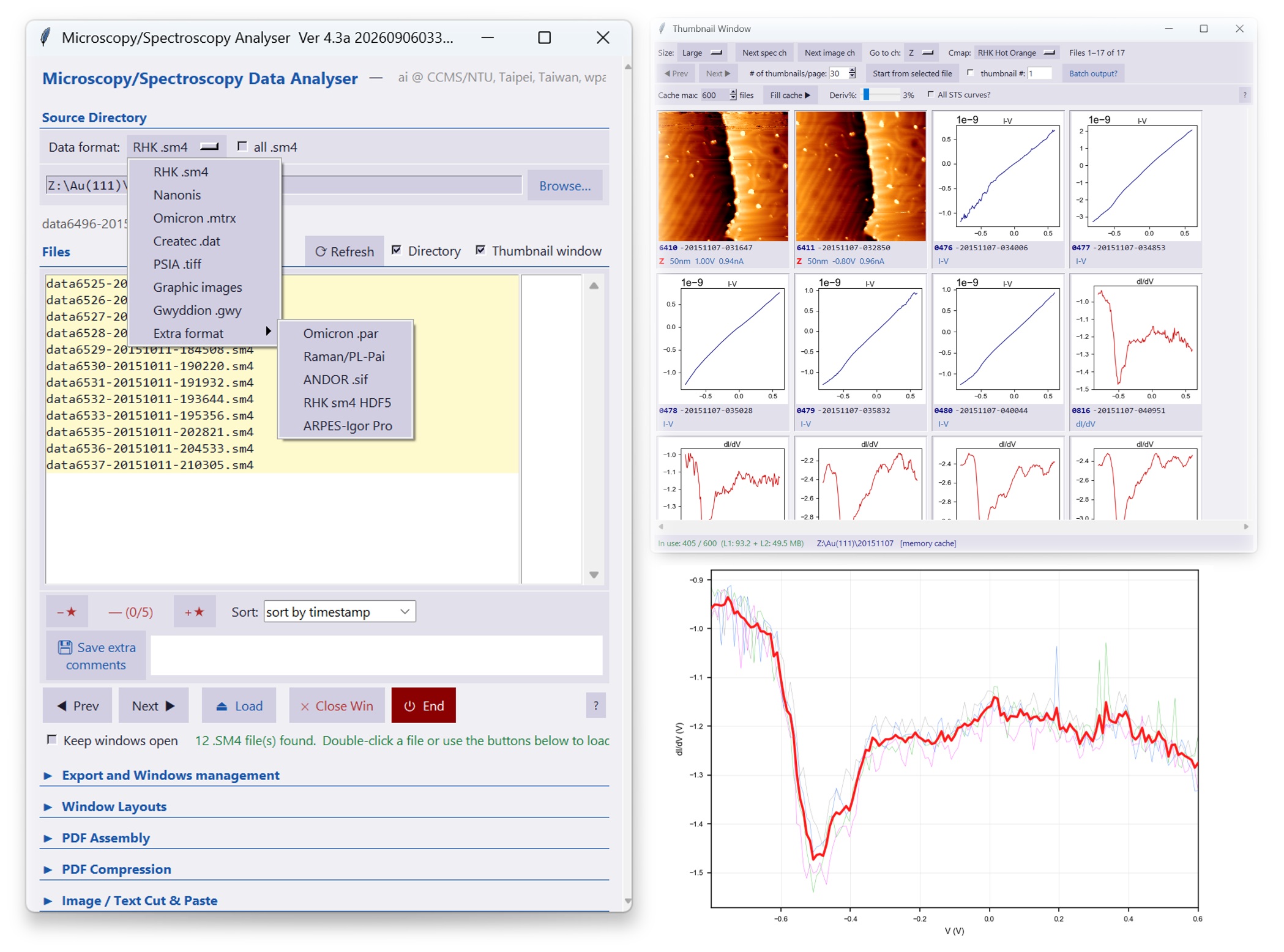 Microscopy data formats supported by the software